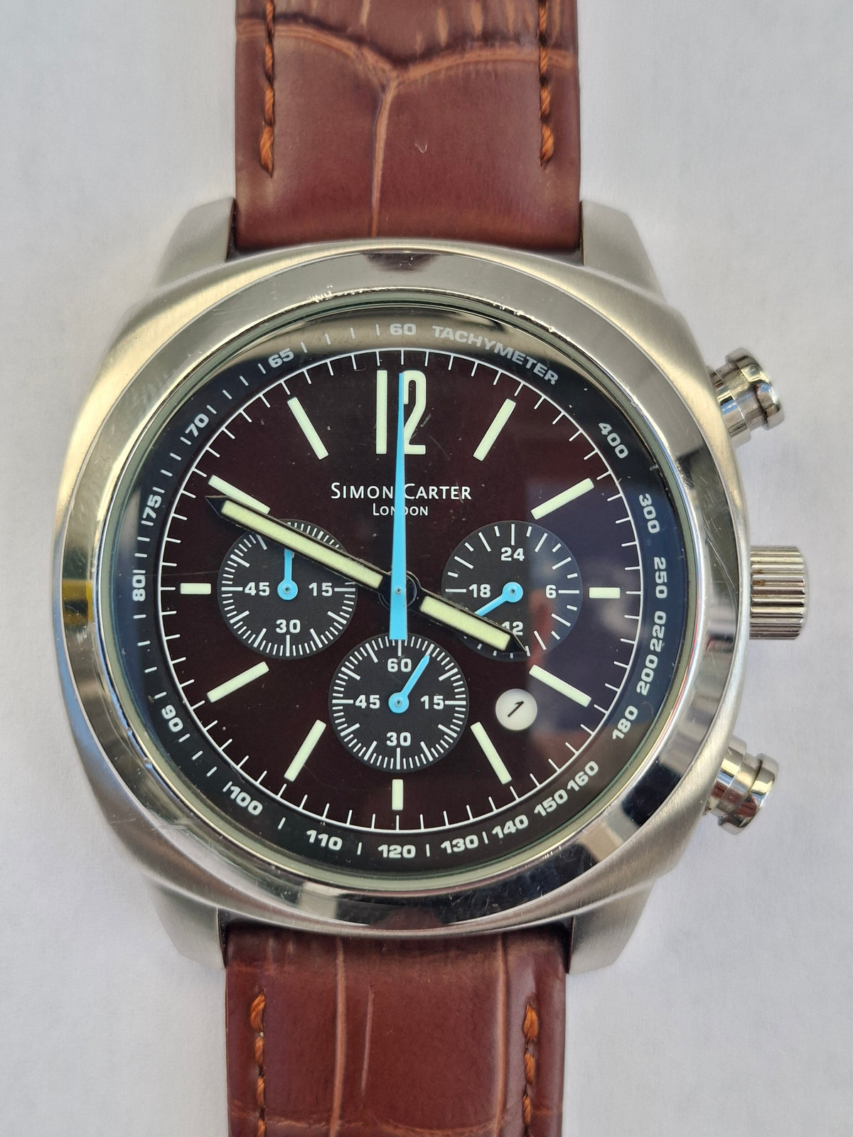 Simon Carter London Chronograph Watch Miyota OS20 Brown Dial 43mm New Strap