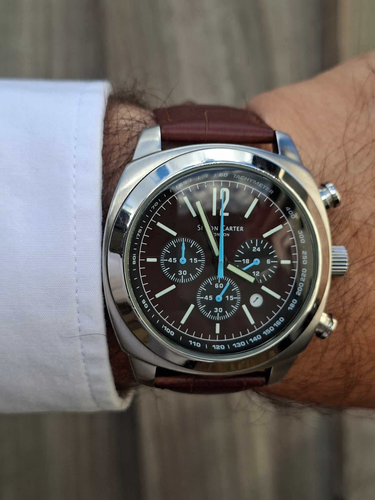 Simon Carter London Chronograph Watch Miyota OS20 Brown Dial 43mm New Strap