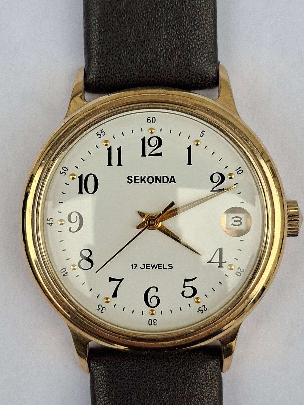 Vintage Sekonda USSR 17 J 2614.2H Manual Wind Date Watch Gold Tone 35mm