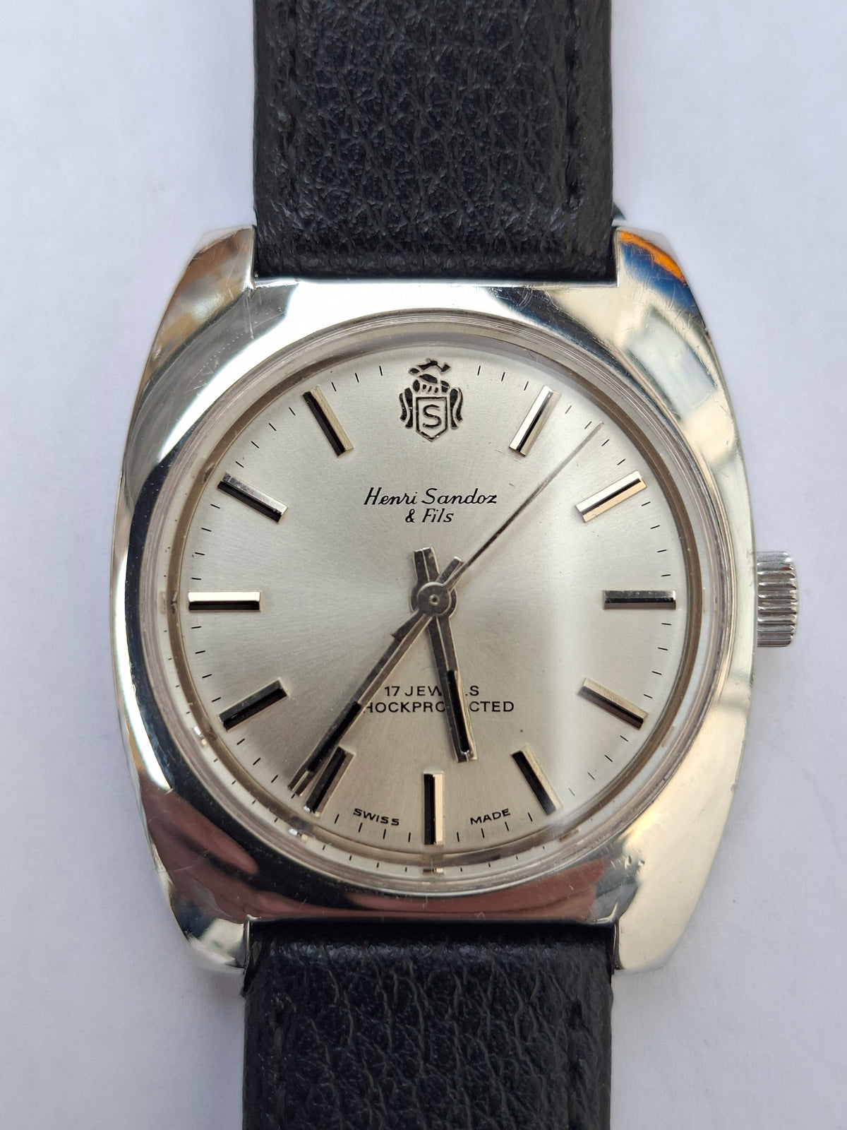 Vintage Henri Sandoz & Fils 17 Jewels Mechanical Swiss Watch 1970s All Stainless Steel