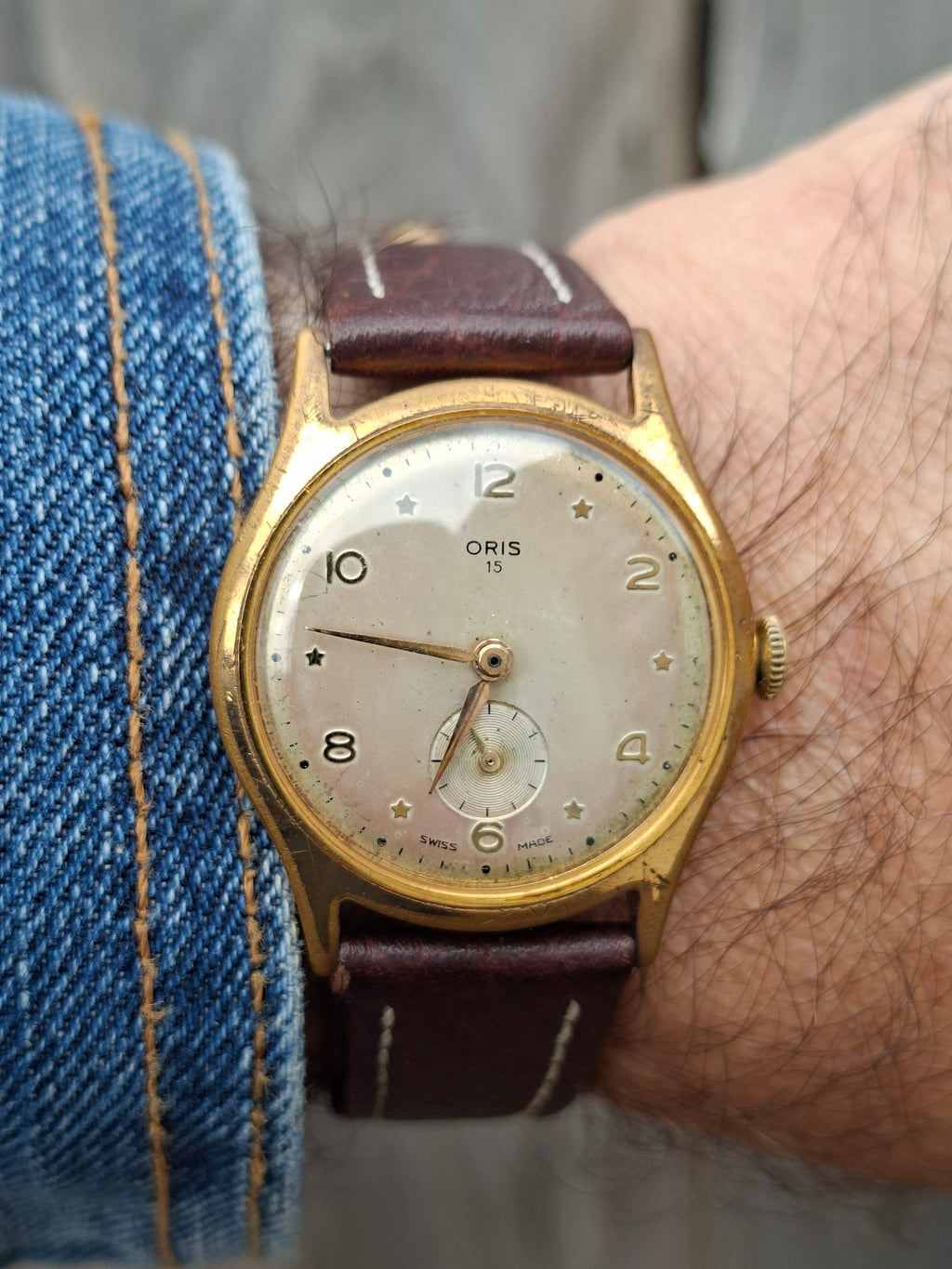 Vintage Oris 15 Jewels Star Dial Manual Wind Small Seconds Swiss Watch 1950s